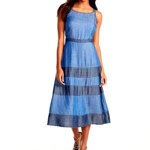 Tommy Bahama Chambray All Day blue tiered stripe midi sundress